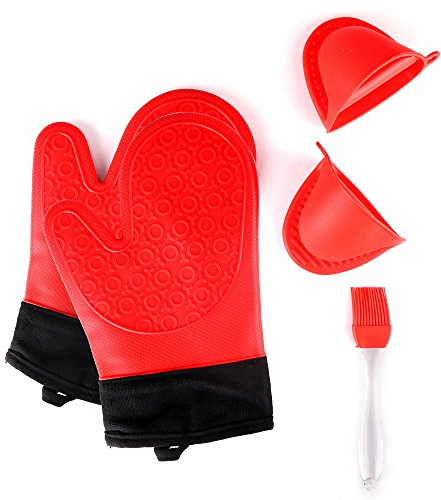 Jonhen Ofenhandschuhe Hitzebeständige Silikon mit Baumwollfutter für Küche Backen - Topfhandschuhe, 1 Paar, Bürste & Topflappen (Rot)