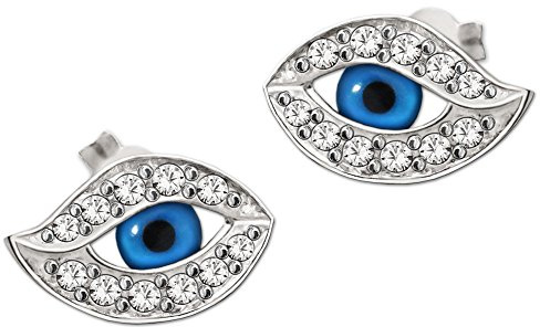 CLEVER SCHMUCK Evil Eye Damen Ohrstecker Auge 10 x 6 mm blau mit Zirkonias Hamsa Schutz böser Blick Sterling Silber 925 im Schmucketui blau