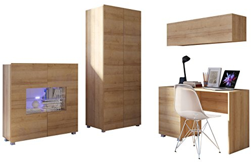 Mirjan24 Jugendzimmer Set Calabrini XIV, inkl. Kleiderschrank, Schreibtisch, Kommode, Wandregal, Komplett, Kinderzimmer Set (Eiche Gold, mit Blauer LED Beleuchtung)