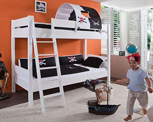 Froschkönig24 Etagenbett Stefan Hochbett Stockbett Kinderzimmer Weiß Stoffset Pirat, Matratzen Oben/unten:ohne