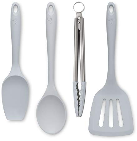 Zeal JSET40S Non-Stick Silicone Tongs, Turner, Spatula Cooks Spoon 4-Piece Set-French Grey