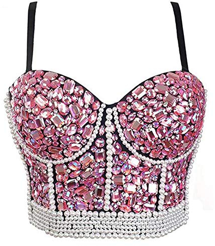 Woboren Punk Goth Push Up Bra Clubwear Party Strass Diamanti madreperlacei Bustier Crop Top Bustino Corset Reggiseno (Rosa, S)