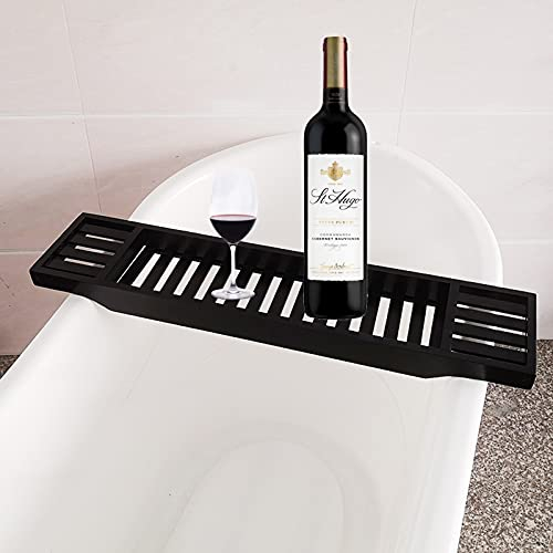 YSISLY Estante para bañera de madera de bambú, bandeja de baño de madera, organizador de estante de baño, mesa de almacenamiento para lectura, tableta, vino, vidrio, accesorios de baño (negro)