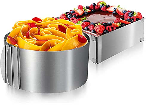 FOGARI Molde Rectangular & Redondo Ajustable, Moldes para Hornear Acero Inoxidable, Redondo de 6 a 12 Pulgadas, Cuadrado de 4 a 6 Pulgadas, Círculo Pasteles Rectangular, para Postre de Pasteles