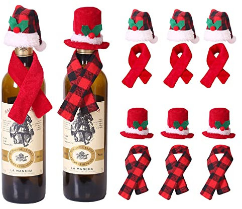12 Pack Christmas Wine Bottle Cover Set, Christmas Buffalo Plaid Santa Hats for Wine Drink Bottle Tops Toppers, 6Pcs Mini Xmas Santa Hat + 6Pcs Christmas Bottle Santa Scarf for Wine Bottle Decoration