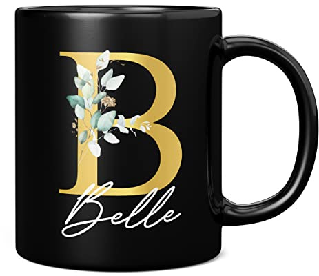 Personalised Letter B Floral Mug Initial with Name, Customised Gift, Gold Effect Printed Letter, NOT Metallic - Ceramic Coffee Cup for Men or Women, Extra Large and Giant Mug, 11oz Black Cup