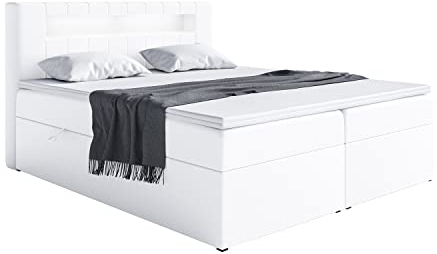 MEBLINI Boxspringbett mit Bettkasten - Bett mit LED Kopfteil - Gepolstert Doppelbett mit Matratze und Topper - Polsterbett mit Stauraum - Stauraumbett - ASPIN - 160x200 - H3/Weiß Kunstleder
