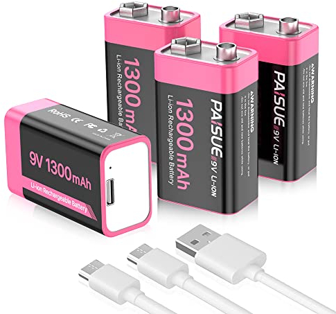 Batteria ricaricabile da 9 V, 1300 mAh, batterie al litio a lunga durata con cavo di ricarica rapida USB-C, ideale per telecomando, rilevatore di fumo, multimetro, microfono (confezione da 4)