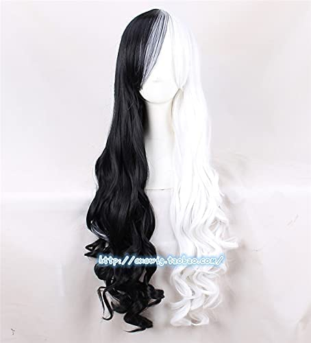 101 Dalmatiner Cruella Devil Cosplay Perücke, 75 cm, halb schwarz und weiß, lang, gewellt, synthetische Perückenkappe