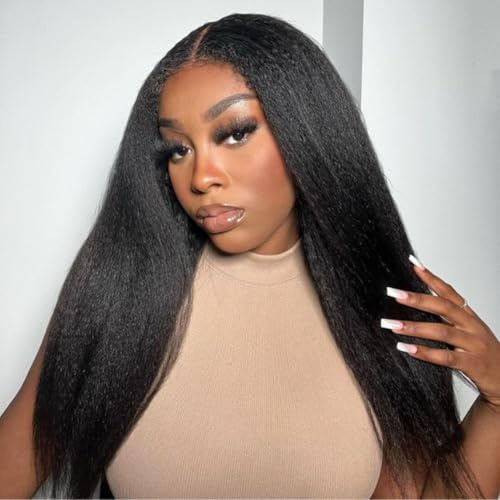 Echthaar Perücke Yaki U Part Human Hair für Frauen - Kinky Straight 10A Virgin Hair No Lace Full Head Clip in Half Wig U Shape (20 Inch)