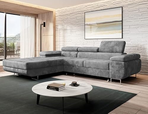 MODERNO Ecksofa mit Schlaffunktion und Bettkasten NORBERG - Sofa mit 3 Sitzen und Robusten Überzug - Schlafcouch L-Form - Modern Couch 72x279x205 cm - Ecke Links Grau