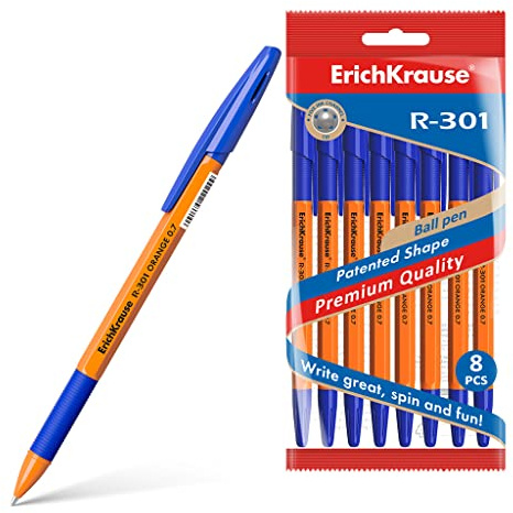 Erich Krause Kugelschreiber 0,35mm 8 Stück Blau - einfaches und weiches Schreiben - schlanke Form - Kullis & Schreibtischzubehör - mit Gummigriff - R-301 Orange