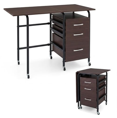 COSTWAY Scrivania Salvaspazio con 3 Cassetti e Ruote Bloccabili, Scrivania Porta PC Pieghevole con Struttura in Metallo per Studio e Ufficio, 105 x 51 x 74 cm (Marrone)