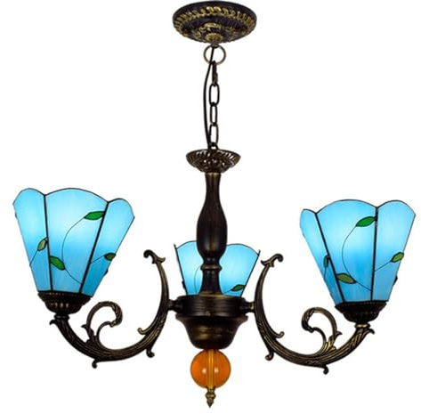 E27 Kronleuchter Pendelleuchte Vintage Blau Mittelmeer Tiffany Esszimmerlampe Rustikal Runde Glas Lampenschirm 3-flammig Antik LED Wohnzimmerlampe Büro Hängeleuchte Verstellbar Deckenbeleuchtung Ø52cm