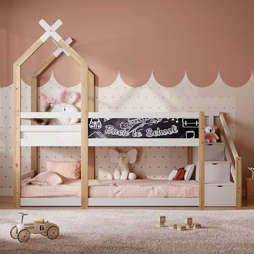 Merax Kinderbett Hochbett Etagenbett Baumhaus mit Rutsche & Leiter 90 x 200 cm, Hochbett für Kinder– 2X Lattenrost- Weiß (Ohne Matratze)
