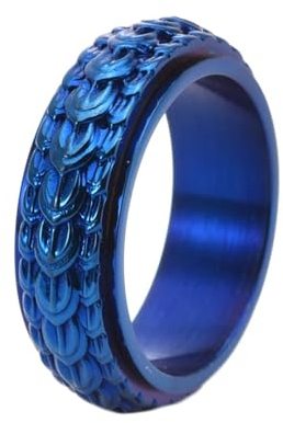 Dsnyu Trauringe Herren, Verlobungsring Blau Spinner Vintage Drachenschuppenmuster Schmuck 8mm Breit Titan Stahl Größe 60 (19.1) Komfort Fit mit Box