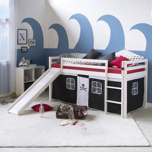Homestyle4u 2546, Kinderhochbett Pirat weiß 90 x 200 cm Holz Kinderbett schwarz Rutsche Vorhang Matratze Lattenrost