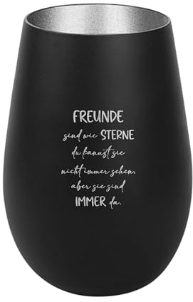 Der-Porzellan-Laden Windlicht mit Gravur Freunde sind wie Sterne, Schwarz Silber, Teelichthalter aus Glas mit Spruch, Tischdeko modern