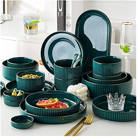 Geschirr-Set, luxuriöses Familien-Geschirr-Set, Keramik-Geschirr-Sets, Schüssel/Teller/Löffel | Geschirr-Set mit grünem Goldrandmuster, Porzellan-Kombinationsset im nordischen minimalistischen Stil