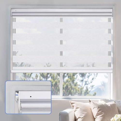 UrMoon No Drill Day and Night Roller Blinds, No Tools Cordless Zebra Blind Dim or Translucent Window Shades Child Safe Easy Fit for Home Office(Light Filtering White, Custom Sizes)