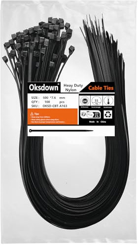 Oksdown 100 Pack Black Thick Cable Ties Heavy Duty Large 500mm×7.6mm Strong Nylon Plastic Self Locking 20 inch/50 cm Long Zip Tie Wraps