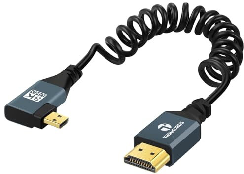 Thsucords Câble Spiralé 8K Micro HDMI vers HDMI, 90 Degrés Angle Gauche, HDMI vers Micro HDMI Mâle vers Mâle en Spirale, Supporte 8K @ 60 Hz 4K @ 120 Hz 48Gbps pour GoPro Hero, Raspberry Pi(90cm)