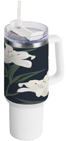 JUMBEAR Trinkbecher mit Griff und Strohhalm-Deckel, isoliert, wiederverwendbar, Edelstahl, Reisebecher, Eiskaffeebecher, schöne weiße Lilien, 1,2 l