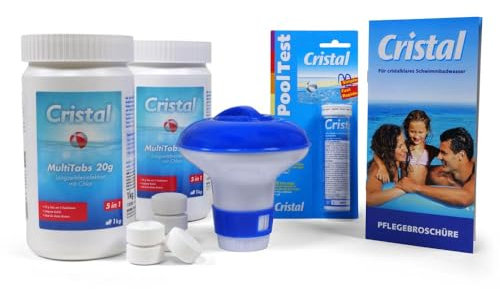 MultiTabs Chlor 2 kg mit 5 Funktionen 20 g Multifunktionstablette Langzeitdesinfektion Algenvernichtung Trübungsentfernung Chlorstabilisierung Härtestabilisator + Chlordosierer + Teststreifen