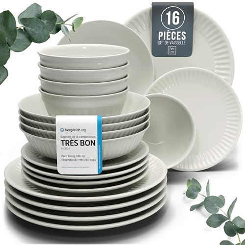 Steingut Geschirrset 4 Personen Hygge 16 tlg. TESTSIEGER, Traumhaftes Skandinavisches Steingut Geschirr Set, Schüssel- und Teller Set, Tafelservice 4 Personen, Geschirrsets Pure Living in Beige
