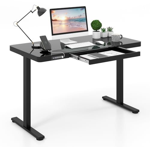 COSTWAY Height Adjustable Electric Standing Desk, 120 x 60cm Stand Up Table with Drawer, Writable Tempered Glass Top and Memory Presets, Home Office Computer Desk Writing Table (Black)
