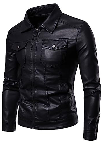 Caxndycing Camicia da uomo in pelle di pecora, classica, per il tempo libero, con colletto nero e bottoni in ottone argentato, a maniche lunghe, slim fit, con colletto rovesciato, Nero , XXXXL