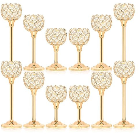 Kehail Kristall-Kerzenhalter-Set, 3 Größen, eleganter Goldener Kandelaber für Hochzeitstisch, Kamin, Heim- und Wohnzimmerdekoration, 12-teiliges Set