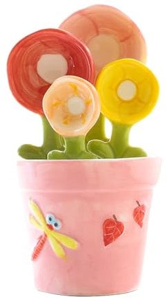 KIMODO Flower Measuring Spoons Set in Pot Unique Baking Gifts Ceramic Cute Measuring Cups and Spoons with Holder for Dry Ingredients Dishwasher Kitchen Table Mats (Pink, One Size)