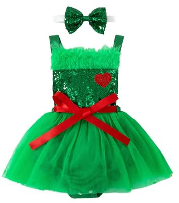 YiZYiF Baby Mädchen Weihnachten Outfit Glitzer Tutu Tüll Kleid Stampler Und Schleife Stirnband 2Pcs Party Weihnachten Baby Bekleidungsset Grün 80-86