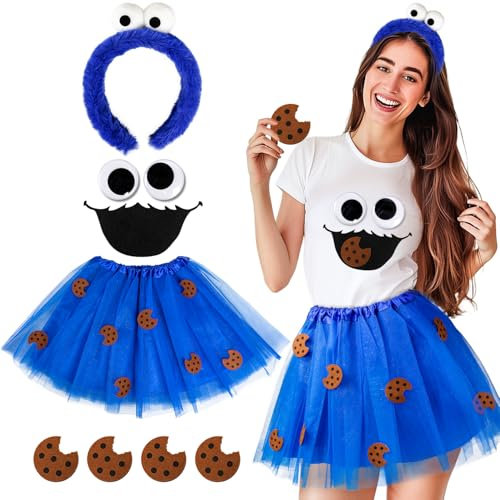 iZoeL Damen Kinder Krümelmonster Kostüm: Cookie Monster Haarreif, Blaue Tutu Rock, Augen & Mund Aufkleber, Keks Aufkleber - Damen, Kinder Kostüm für Karneval, Halloween, Fasching, Mottoparty