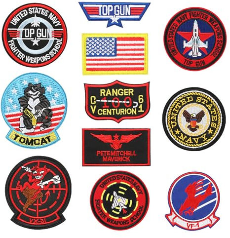 Jortmrd 11 Stück Top Gun Aufnäher zum Aufbügeln Top Gun Patches USA Flagge Maverick Bestickt Air Force Navy Army Patches für Kleidung Jacke Jeans Applikation