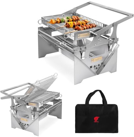 BiggerFire Parrilla giratoria de 360°, parrilla de barbacoa giratoria de acero inoxidable, parrilla portátil de carbón para acampar al aire libre, parrilla portátil desmontable para picnic, patio,