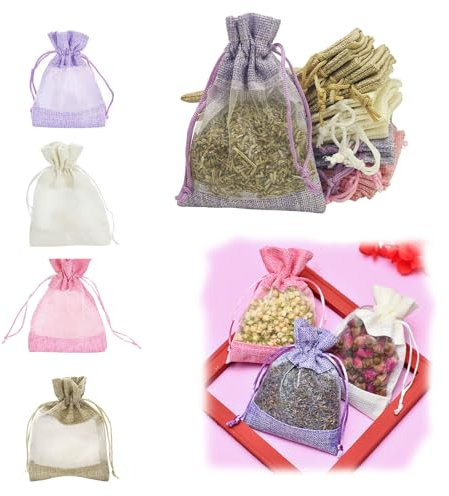 Furforstk Lavender bags for filling, pack of 20 bags for lavender, 10 x 14 cm, lavender bags, empty drawstring bags for filling, effective moth protection for wardrobes (purple, grey, pink, white)