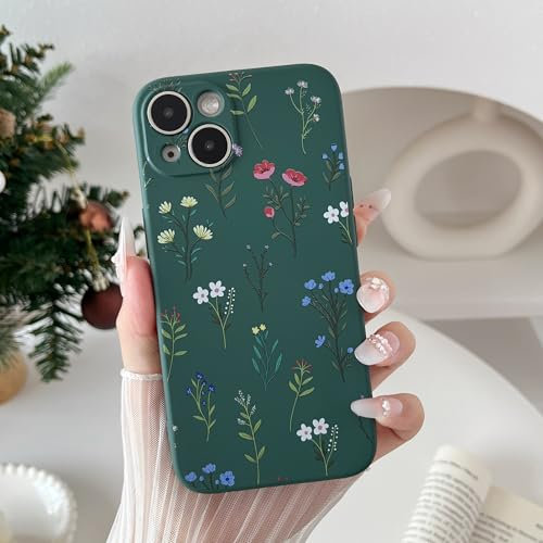 RALEAVO Flower Case for iPhone 15, Liquid Silicone Shockproof Protection Case Cover for Girls Women with Aesthetic Cute Floral Patterns Soft Slim Phone Case for iPhone 15-Dark Green/Daisy