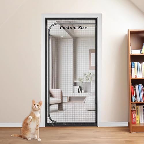 Custom Size Cat Dog Screen Door, Pets Proof Door Screen with Double-Side Zipper, Self-Adhesive Cat Safety Nets, Balcony Bedroom Nets, Fly Screen Door Netting (Custom Size)