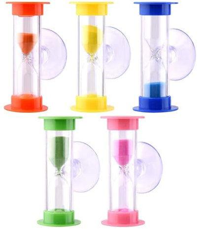 Lot de 5 sabliers à ventouse en verre, minuteurs de 2 minutes et 3 minutes pour le brossage des dents, la cuisine, les jeux et l'école, haute robustesse, 3 x 6 cm