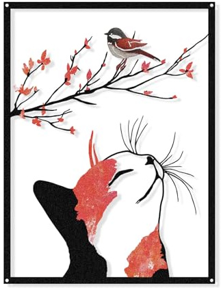 Luccyle Metall-Katzen-Wanddekoration für Ihr Zuhause, Katzensilhouette, Vogel auf einem Ast Silhouette-Schild-Ornament, Hängende Wohnaccessoires für Wohnzimmer und Schlafzimmer
