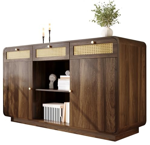 NovaFurnish Kommode Sideboard 120cm Nussbaum, Schubladenschrank mit Rattan & Goldgriffen, 3 Schubladen + 2 Schränke + offenes Regal, Höhenverstellbare Einlegeböden, 120X40X85cm