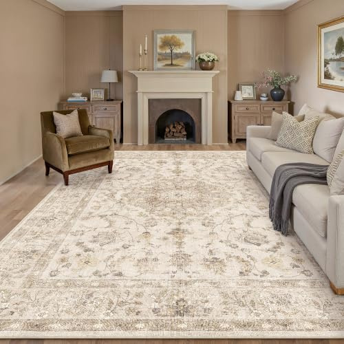PureCozy Teppich Wohnzimmer 200x300cm Waschbarer Vintage Beige Tepiche | Rutschfest Kurzflor,Weich Teppiche,Wohnzimmerteppich,Schlafzimmer,Esszimmer,Büro,Kinderzimmer