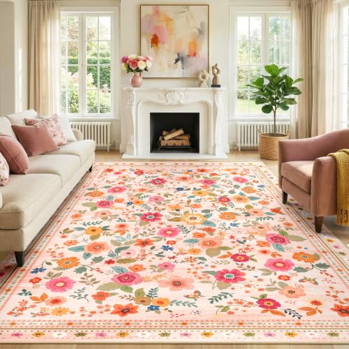 INOVADAY Waschbarer Teppich 244x305 cm Rosa/Beige Wohnzimmer Teppich | Schlafzimmer, Küche, Eingangshalle, Badezimmer, Esszimmer, Kurzflor, Rutschfest, Blumen Print, Boho, Weich, Pflegeleicht