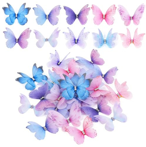ZYEKIU 70 Stücke Schmetterling Deko mit Strasss Doppellagiger Organza Stoff | Schmetterlinge Deko Butterfly 3D Sticker Wanddeko Aufkleber für Wanddekoratio Kleidung Applikationen Haarspangen (Stil A)