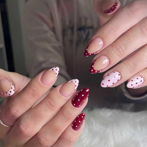 BelleFlair 24 Stück Polka Dot Press on Nails Mandel, Rot Weiß French Künstliche Nägel mit Polka Dots Design, Falsche Nägel Set für Frauen, Wiederverwendbare Fake Nails