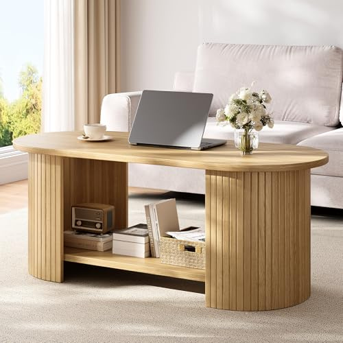 oneinmil Coffee Table, Living Room Table with 2-Tier Storage, Thick Tabletop & Base, 108x50x45cm, for Living Room, Home Office, Small Space, Oak