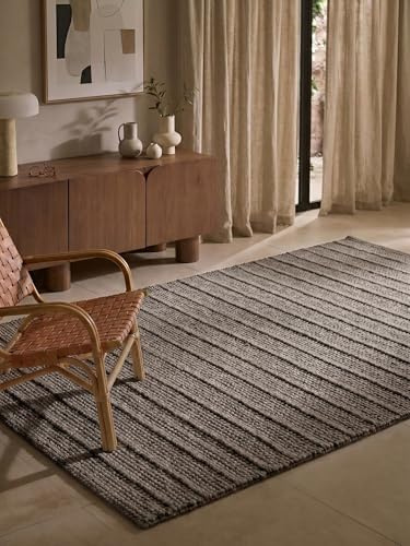Ted Baker Wollteppich Parker - Natürlicher Wohnzimmerteppich, 100% Wolle, Handgewebt & Zeitlos, Naturfaser Teppich Gestreift Skandi für Wohnzimmer, Schlafzimmer, Esszimmer – Braun Grau, 200x300 cm