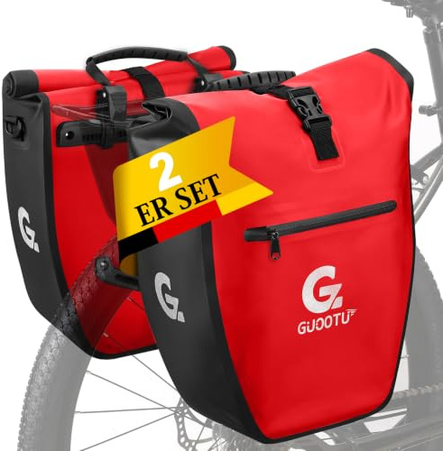 GUOOTU 2 Er Set Fahrradtasche für Gepäckträger 48L,aus Tarpaulin Hinten Gepäckträgertasche mit Reflektoren, mit Tragegriff und Schultergurt (Rot und Schwarz 32L, 2er Set)